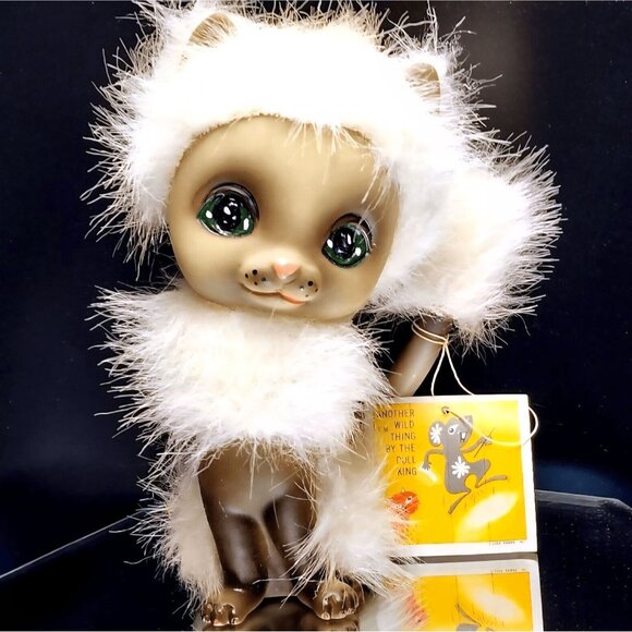 Siamese Cat Kamar Green Eyes Mimi 1968 Vintage Fuzzy Hair Rubber Toy Japan Big E - Picture 3 of 10